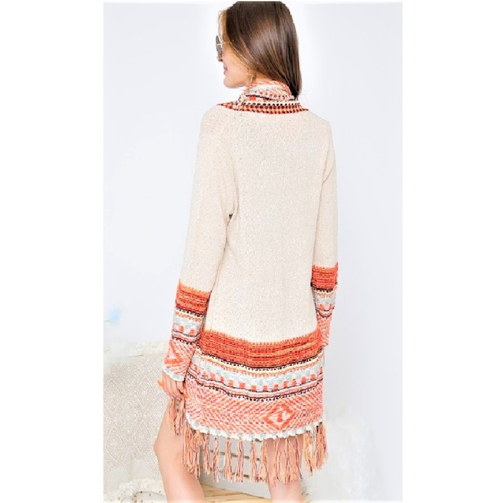 NWT Aztec Print Fringed Long Knit Boho Cardigan - Picture 4 of 6
